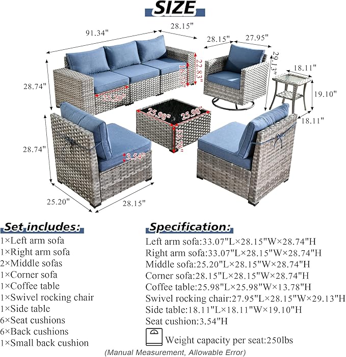 HOOOWOOO Outdoor Patio Sectional Furniture Sofa Set with Swivel Rocking Chair,8 Piece Modern Wicker Couch with Widened Armrest,Modular Conversation Seating Set for Garden(Denim Blue)