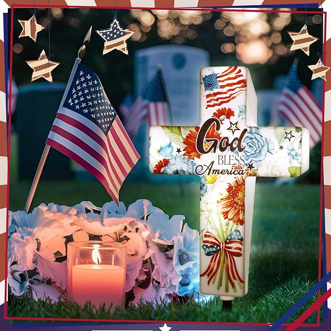 DoubleFill 4th of July Solar Lighted Cross 250 Patriotic Floral Garden Stake Decor 250th Red White and Blue Independence Day Solar Cross God Bless America Yard Decor for Memorial Veterans USA Outdoor