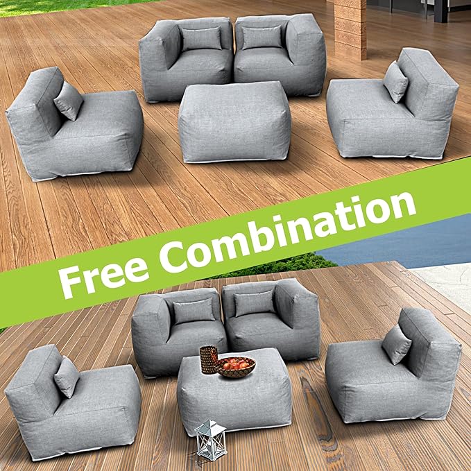Patio Furniture Set Bean Bag 5 Pieces Outdoor Chairs Sectional Conversation Patio Set Daybed Furniture Outdoor Sofa Couch High Density Foam Filling Modern Comfy Patio Couch, Dark Gray