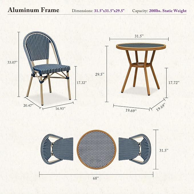 PURPLE LEAF 3-Piece French Bistro Dining Set Round Outdoor Patio Table and 2 Armless Chairs Tempered Glass Top PE Rattan Champagne Print Finish Aluminum Frame Navy Blue