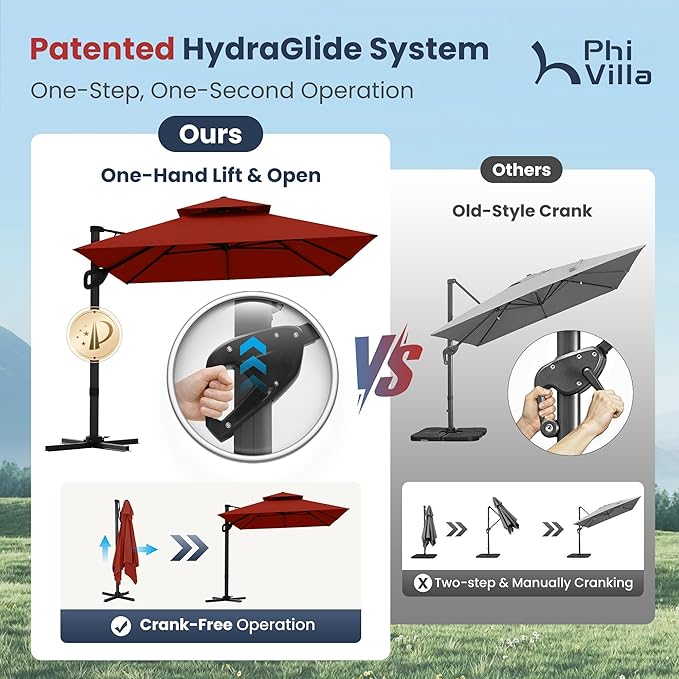 PHI VILLA 9' x 12' Rectangular Cantilever Patio Umbrella with Hydraulic Lift & 360° Rotation – Heavy Duty Windproof Offset Umbrella for Pool, Deck or Garden, Red