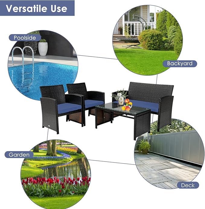 COSTWAY 4 Piece Patio Furniture Set, Outdoor PE Rattan Wicker Sectional Sofa with Cushion and Coffee Table, Patio Conversation Sets for Balcony Lawn Porch Patio Backyard Garden Poolside, Navy