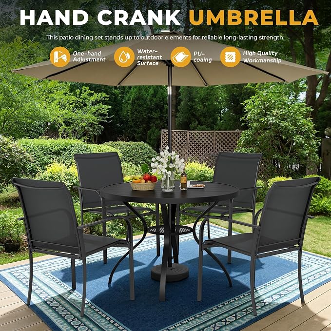 5-Piece Patio Dining Set with Umbrella,4 Person Outdoor Table and Chairs Set, 4 Metal Dining Chairs and Round Outdoor Table with 1.57" Umbrella Hole,Black