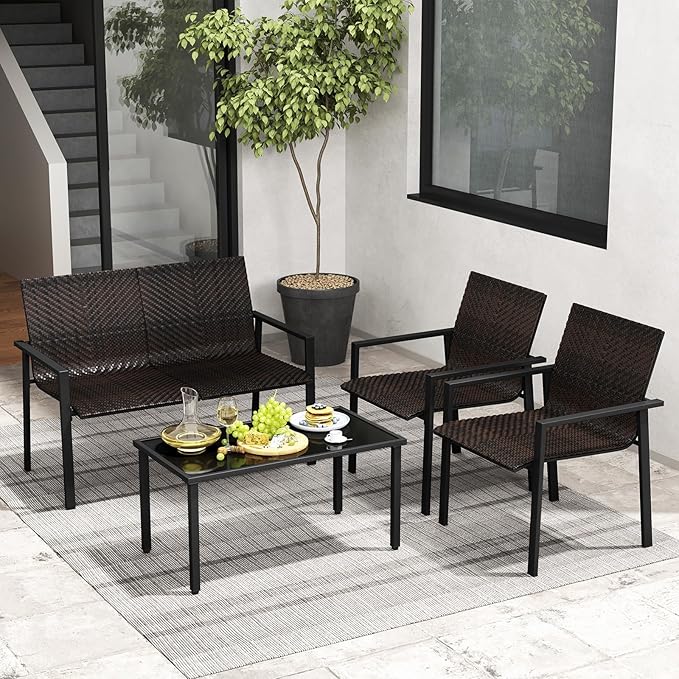 HAPPYGRILL 8 Pieces Wicker Patio Conversation Set with Coffee Table, PE Rattan Chairs with Galvanized Metal Frame, Outdoor Table and Chairs Set for Small Space, Balcony, Poolside, Backyard (Mix Brown)