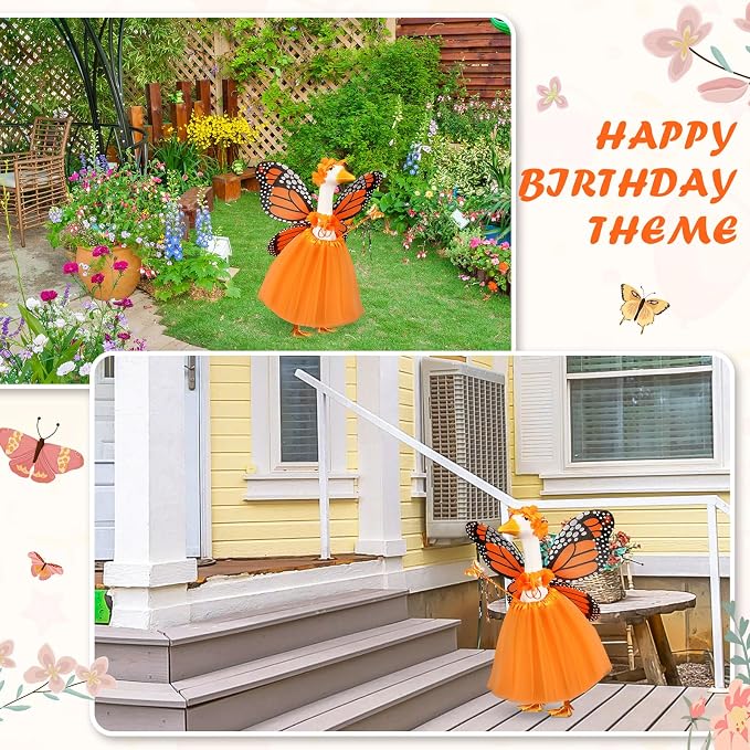 5pcs Butterfly Porch Goose Outfit Costume Tutu Skirt Butterfly Wing Wand Flower Crown for 17‘' 23‘' Cement Goose