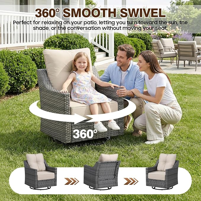 5 Piece Patio Furniture Set With Fire Pit Table,360°Swivel Glider Patio Chairs Set of 2,Cozy 60,000 BTU Square Fire Pit Table,2 Sofas,All-Weather Wicker Outdoor Patio Set With 6 Inch Thick Cushions