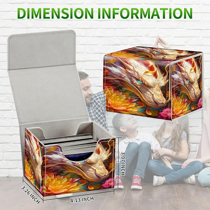 Card Deck Box for MTG, Cards Storage Box Fits 120+ Sleeved, Leather Small Size Strong Magnetic Closing Card Case for Board Games Magic TCG CCG Baseball Collection, Lotus White Dragon