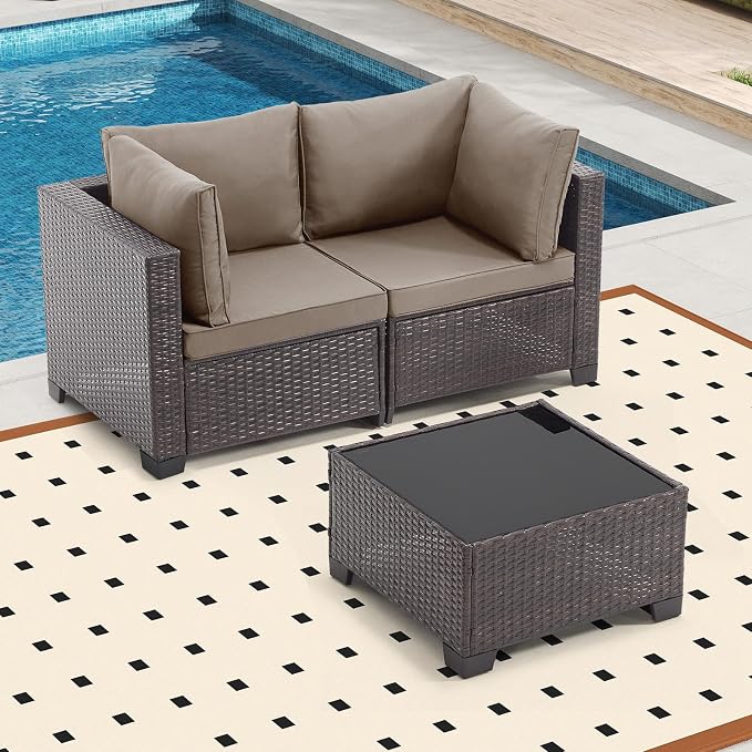 Bonzy Home 3 Pieces Outdoor Patio Furniture Set, PE Rattan Outdoor Sectional Furniture Sofa Set with Removable Cover and Glass Coffee Table, Patio Sofa for Balcony, Porch, Garden, (Brown-Khaki)