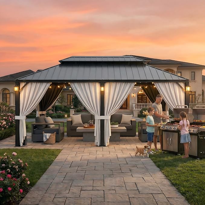 IRONCK 12'x20' Outdoor Hardtop Gazebo, Aluminum Patio Gazebo with Galvanized Steel Double Roof, Patio Pergola with Net and Curtain, Backyard Canopy for Garden, Deck, Black Gray