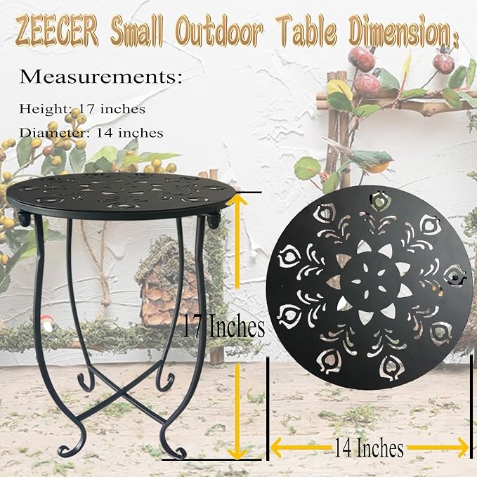 Outdoor Side Table, 14-inch Small Round Metal Patio Table with Flower Cut-Out Design, Modern Rust-Proof Portable End Table Patio Side Table for Outside Garden Balcony Yard & Indoor Use 1 Pack