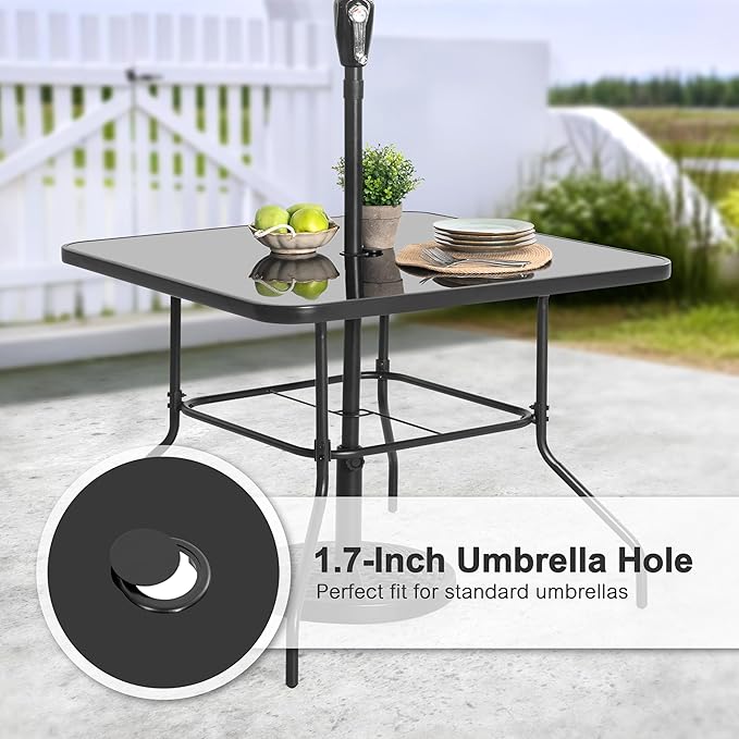 NUU GARDEN 5-Piece Outdoor Patio Dining Set, All-Weather Metal Dining Table with 1.57" Umbrella Hole and 4 Ergonomic Stackable Chairs, Textilene Furniture for Garden, Backyard, Black Gray