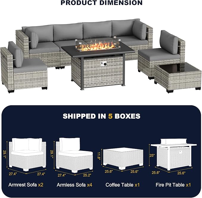 8-Piece Outdoor Patio Furniture Set with 55,000 BTU Fire Pit Table, PE Wicker Rattan Sectional Sofa Conversation Set - All-Weather Garden, Backyard Furniture, Grey
