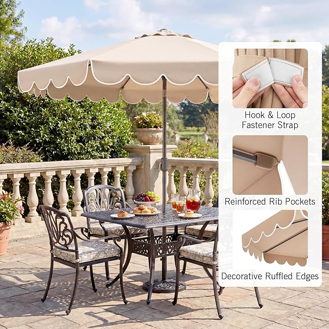 RELAX4LIFE 10 FT Scalloped Patio Umbrella, Market Table Umbrella with Push Button Tilt, Crank, 8 Sturdy Metal Ribs, Vented Top, Sun-Protective Ruffled Canopy, Heavy-duty Outdoor Parasol for Garden Poolside Deck