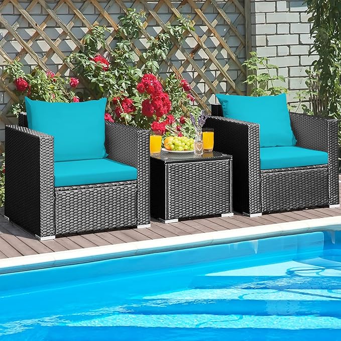 3 Pieces Patio Conversation Set Outdoor Rattan Wicker Furniture Set with Water-Resistant Cushion & Tempered Glass Tabletop, Wicker Chair for Porch, Balcony, Backyard(Turquoise)