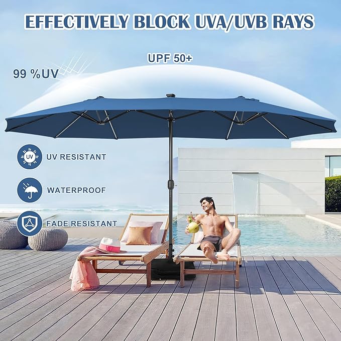Sundale Outdoor Solar 144 LED 15 ft Patio Umbrella with Sandbag Base Included and Cover, Outdoor Double-Sided Umbrella with Lights