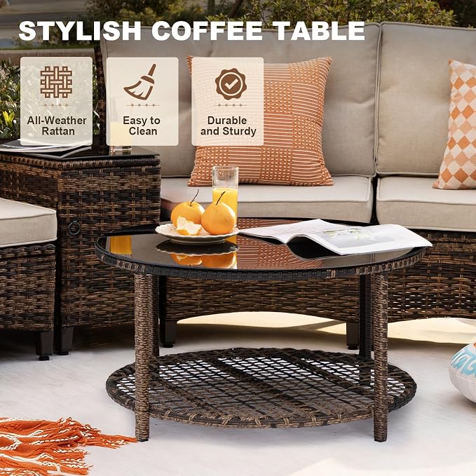 MEISSALIVVE 9-Piece Half-Moon Curved Outdoor Patio Furniture Set, Sectional Conversation Sofa with Wood Armrests, Coffee & Side Tables for Backyard Deck Garden,Beige