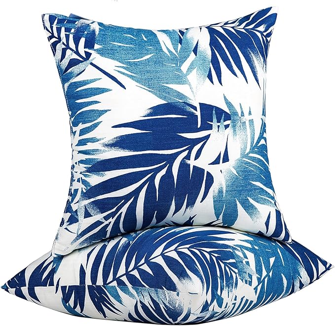 JMGBird Outdoor Pillows 2-Pack Waterproof 18x18 Throw Pillows with Inserts - Blue Leaf Pattern UV Fade Resistant Patio Cushions