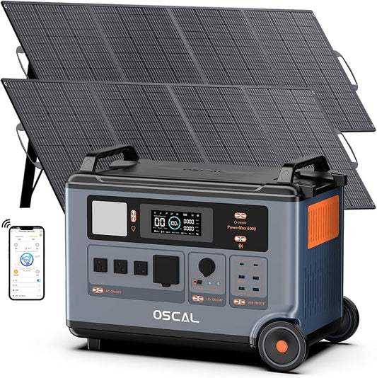 Powermax 6000W(9000W Peak) Portable Solar Power Station, 3600Wh LiFePO4 Battery with 2x200W Solar Panels, 1.6H Fast 2400W Solar Charging Generator for Camping, RV, Home Backup, Emergency