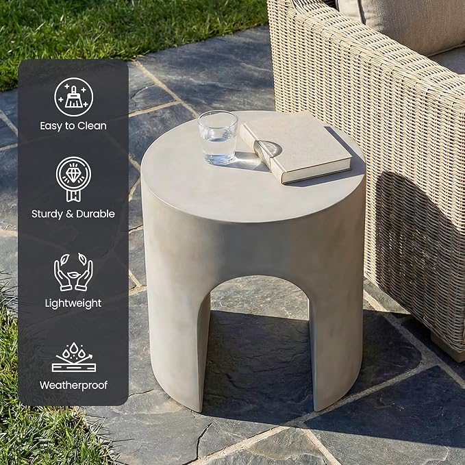 HOMPUS Outdoor Side Table, Concrete End Table w Arch Design, Round Patio MgO Coffee Lightweight Table, Modern Accent Stone Garden Stool for Indoor Outdoor Use, Gray