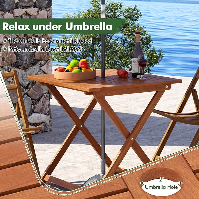 Folding Outdoor Dining Table, Solid Wood Bistro Tables with 2" Umbrella Hole, Square Foldable Patio Table for Porch Balcony Deck Garden Yard, Teak Oil Finish