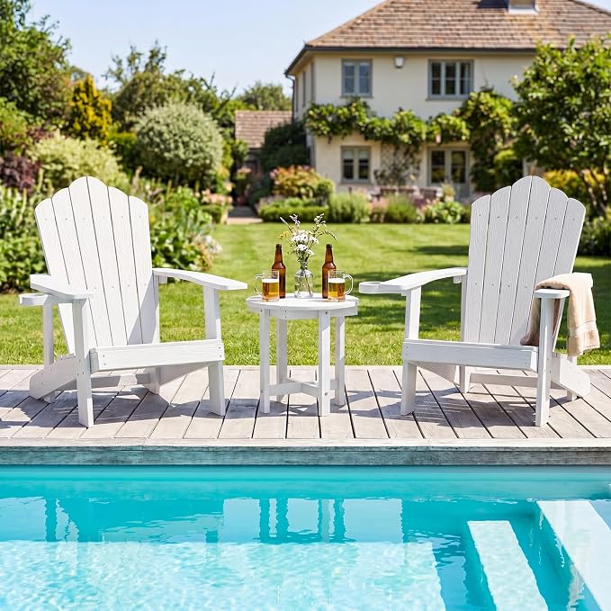 Tangkula Round Outdoor Side Table Set of 2, Adirondack Side Table with Weather-Resistant, Waterproof Top, Small Outside End Table for Patio Deck Pool Porch, Easy Maintenance (White,2)