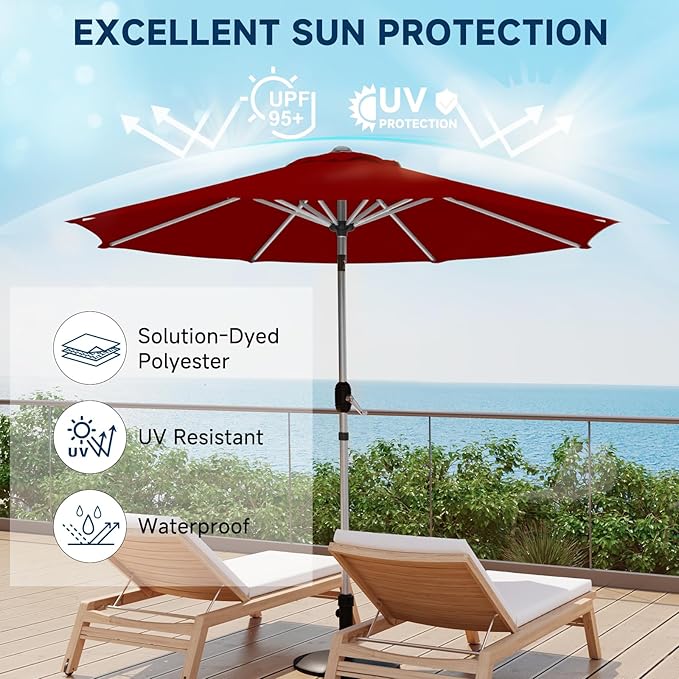9FT Aluminum Outdoor Patio Umbrella, Fade-Resistant Market Umbrella with Push Button Tilt Function, 8 Sturdy All-Aluminum Ribs for Gardens, Patios, Backyards & Pools