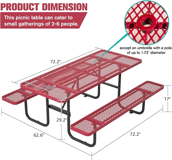 72'' Rectangular Steel Picnic Table for Outdoors,Commercial Metal Picnic Table with Umbrella Hole, Heavy Duty Sturdy Picnic Tables Furniture Set for Patio Garden Courtyard BBQ, Red