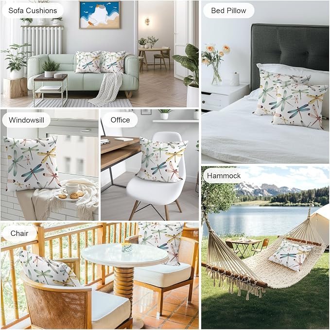 Dragonfly Outdoor Pillow Covers 20x20 Inch Throw Pillow Covers Set of 2 Waterproof Decorative Pillow Cases Watercolor Colorful Nature Painting Art Cushion Covers for Patio Furniture Garden Couch Sofa