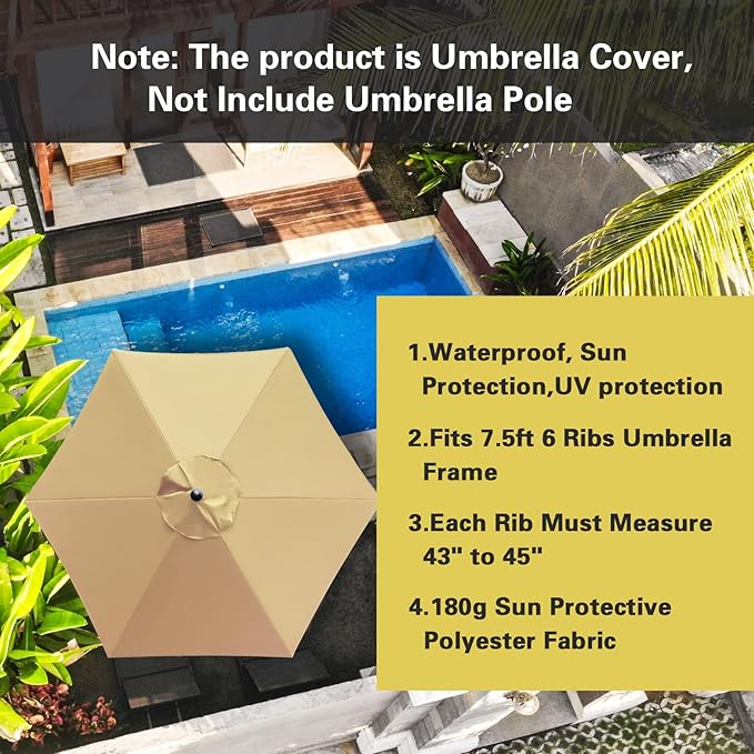 Sunnyglade 7.5ft Patio Umbrella Replacement Canopy Market Umbrella Top Outdoor Umbrella Canopy with 6 Ribs