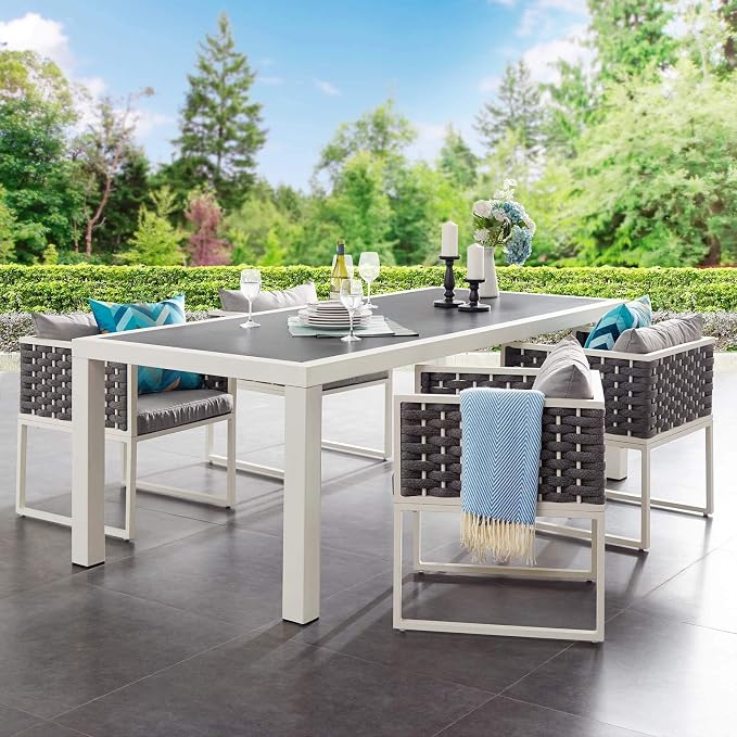 Modway Stance 91" Outdoor Patio Modern Spray Stone Glass Aluminum Dining Table in White Gray
