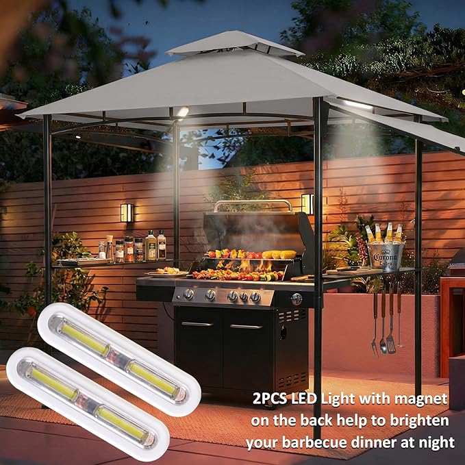 FAB BASED 5x8 Grill Gazebo with Extra Awning, All-Weather Steel Construction, Double Tiered & Resistant Canopy Roof, Metal Serving Shelves, 2 LED, Bottle Opener for Patio, Backyard, BBQ (Light Gray)