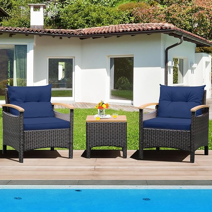 Tangkula 3-Piece Patio Furniture Set, Patiojoy Outdoor Rattan Sofa Set with Coffee Table, Patio Conversation Set with Removable Cushion, Cozy Acacia Wood Armrests for Backyard, Poolside (Navy)
