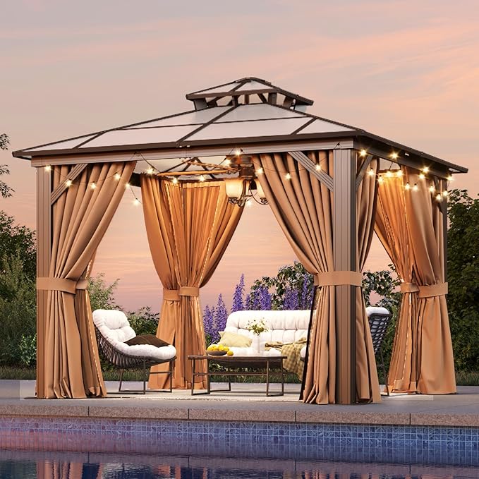 Aoxun 10'x10' Hardtop Gazebo, Outdoor Metal Gazebo with Double Polycarbonate Roof Canopy, Permanent Pavilion with Netting and Curtains for Lawn, Garden, Patio (Khaki)