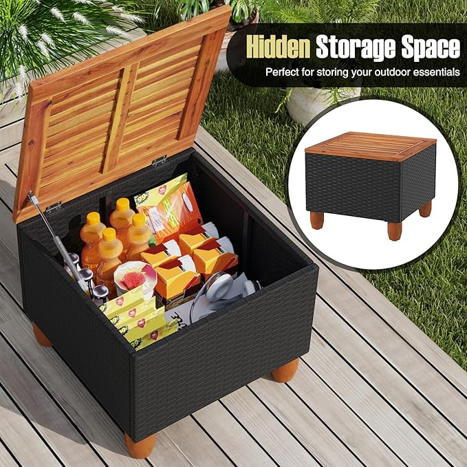 HAPPYGRILL 3-Piece Rattan Patio Conversation Set with Storage Coffee Table, Outdoor PE Wicker Sofa Furniture Set with Cushions for Balcony Backyard Porch Garden