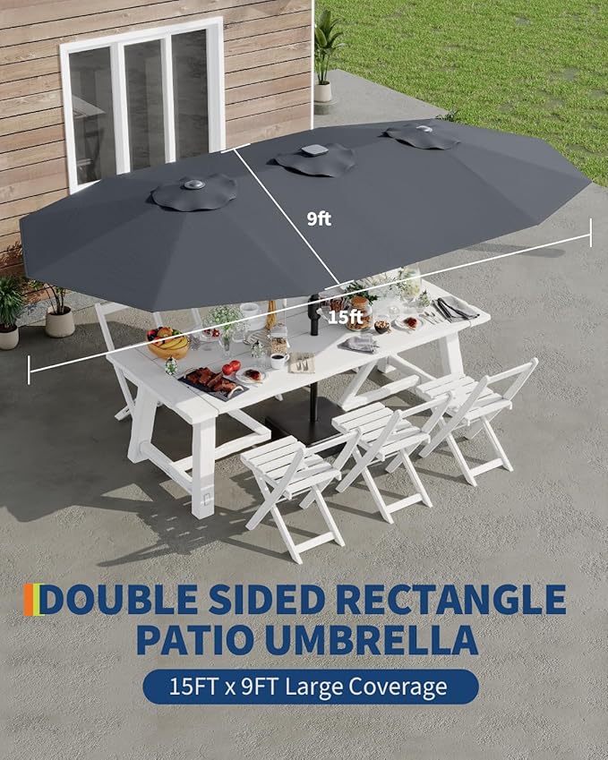 15FT Large Patio Umbrella with Base and Solar Lights, Double-Sided Rectangle Umbrella Oversized Shade for 8-10 People,36 LED Lights and Weighted Base for Pool, Deck, Backyard,Grey