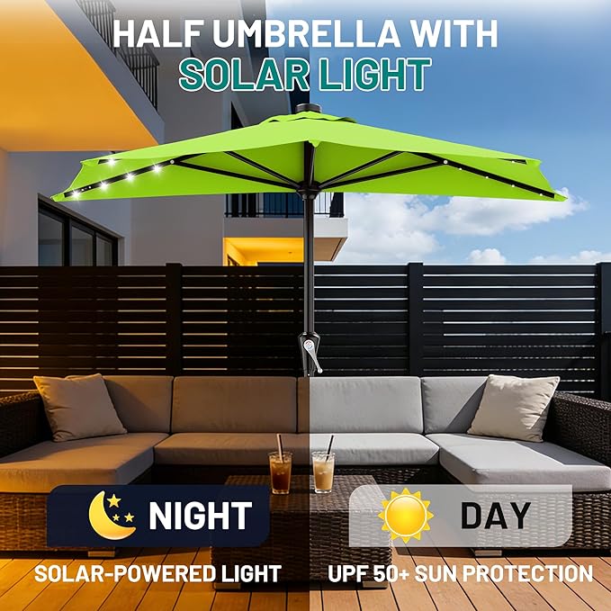 AreShark 9ft Patio Half Umbrellas with Solar Lights, 1/2 LED Half Outdoor Umbrella w/ 20 LED Lights, Lighted Table Wall Umbrella with Crank & 5 Sturdy Ribs for Market, Pool, Deck, Lawn and Garden, Apple Green