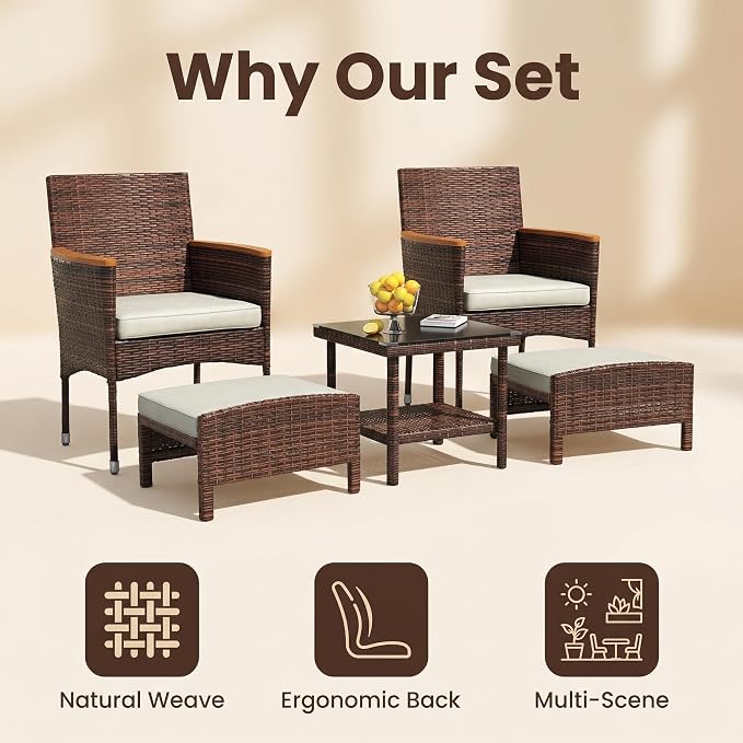 5Pcs Patio Furniture Sets Rattan Patio Chair Set of 5 Outdoor with Coffee Glass Table & Ottoman for Yard Backyard Lawn Porch Poolside Balcony (Brown and Khaki)