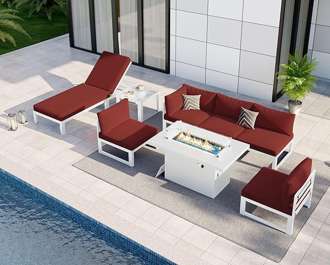 NICESOUL 6 Person Modern Aluminum Outdoor Patio Furniture Set with Chaise & Firepit Table, 29" Wide Deep Seating, All Weather Modular Sectional Couch, Oversized Conversation Set for Poolside Deck, Red