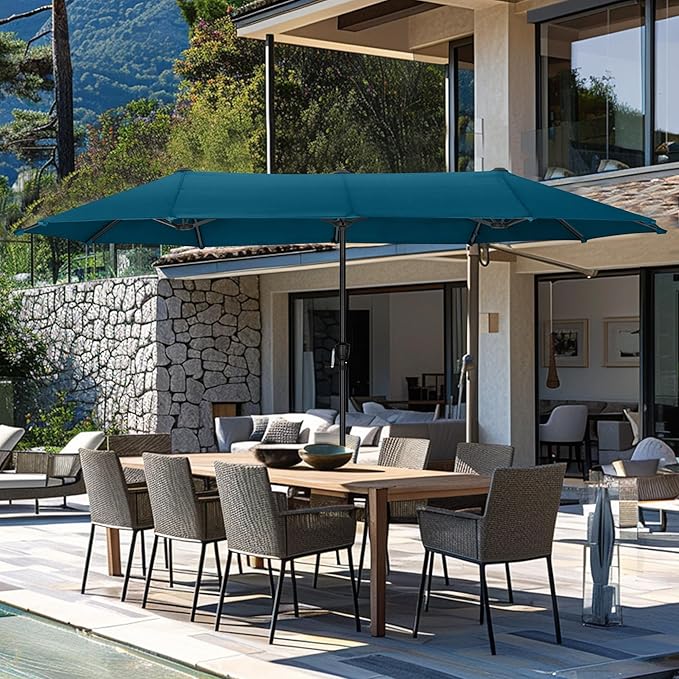 GREEN PARTY 13ft Rectangle Patio Umbrella, Double Sided Outdoor Table Umbrella with Crank & 1.5" Pole, Large Market Umbrella for Poolside Garden Deck Backyard, Cerulean