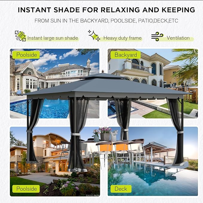 Bezseller 10x12 Outdoor Patio Gazebo with Powder-Coated Metal Frame - Stable Double-Tier Canopy with Zip Mesh Sidewalls for Backyard Dining & Entertaining, Grey