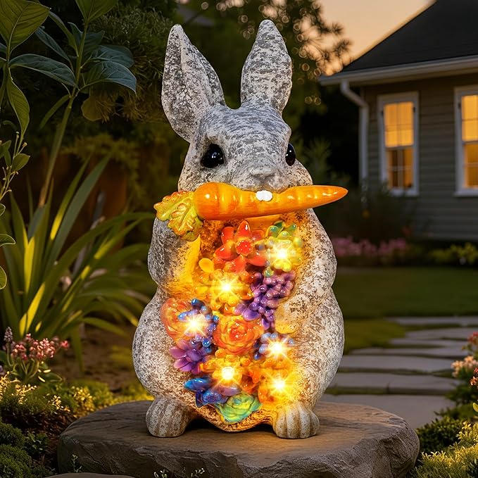 Guhope Solar Garden Statues, Outdoor Solar Bunny Easter Decor with Succulent and 6 LED Lights, Outside Yard Figurine Decor for Garden, Lawn, Patio, Balcony, Porch, Unique Gifts for Mom Grandma
