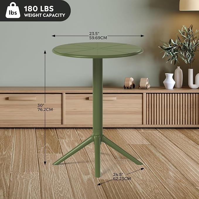 Costaelm Patio Table for 4-Person, Outdoor Patio PP Round Dining Table, All-Weather Bistro Dining Table for Backyard Deck Porch Poolside, Olive Green