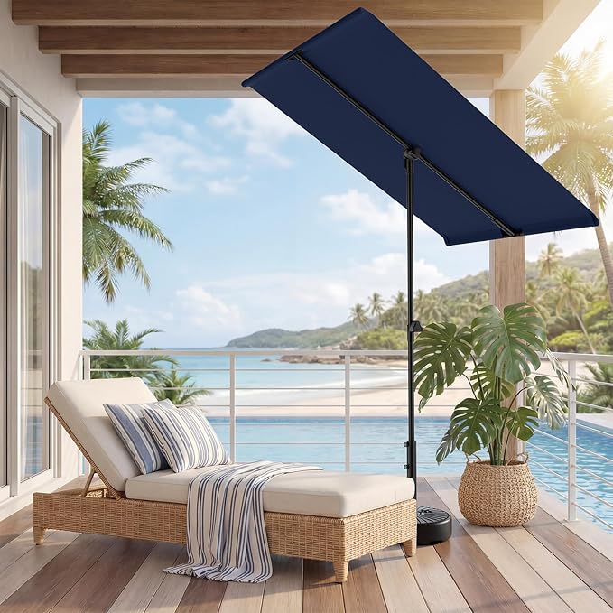 HOMSHADE 6x4ft Outdoor Balcony Umbrella - Flat Porch Pool Patio Umbrella Rectangular Canopy Shade UPF50+ UV Protection 360° Rotating & Tilting All Angles Applicable (Navy Blue, No Base)