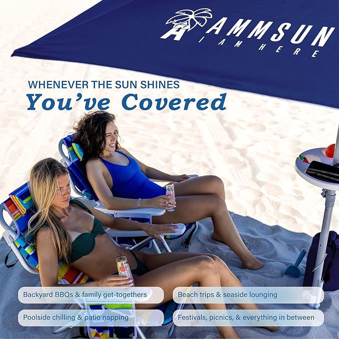 AMMSUN 8ft Large Beach Umbrellas for Sand Heavy Huty Wind Portable Commercial Grade Patio Beach Umbrella with Sand Anchor Hanging Hook Weight Sandbag Adjustable Height Air Vent UPF 50+ Telescoping Pole without tilt Navy