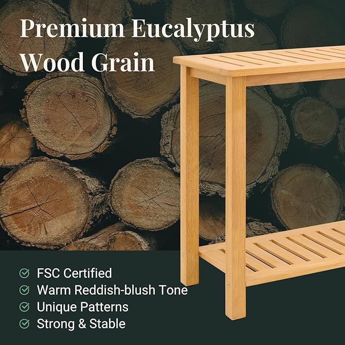 Premium 2-Tier Wooden Console Table with Storage Shelf Solid Eucalyptus Wood 48.03"x 16.14"x 31.1" Entryway Sofa Table for Hallway, Living Room (Golden)