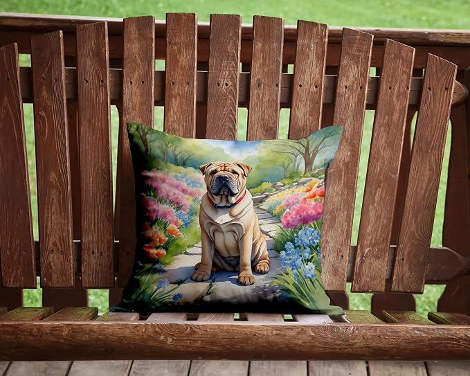 Caroline's Treasures Shar Pei Spring Path Throw Pillow Machine Washable, Indoor Outdoor Decorative Pillow for Couch, Bed or Patio, 14Hx14W