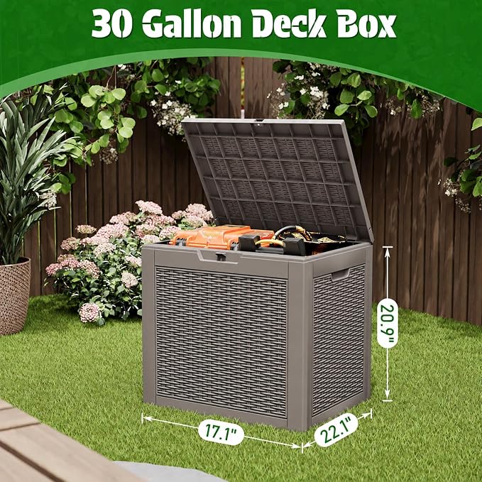 Bifanuo Outdoor Storage Box, 30 Gallon Deck Boxes Waterproof, Resin Storage Cabinet Multi Functional Storage Bench For Gardening Tools, Pool Supplies, Patio Furniture, Lockable