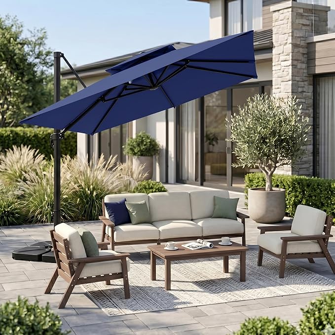 Kingdura Cantilever Patio Umbrella with Double Top Vent, Large Square Aluminum Outdoor Offset Umbrella with 360-degree Rotation, Infinite Tilt, UV Protection for Pool Deck Garden Patio