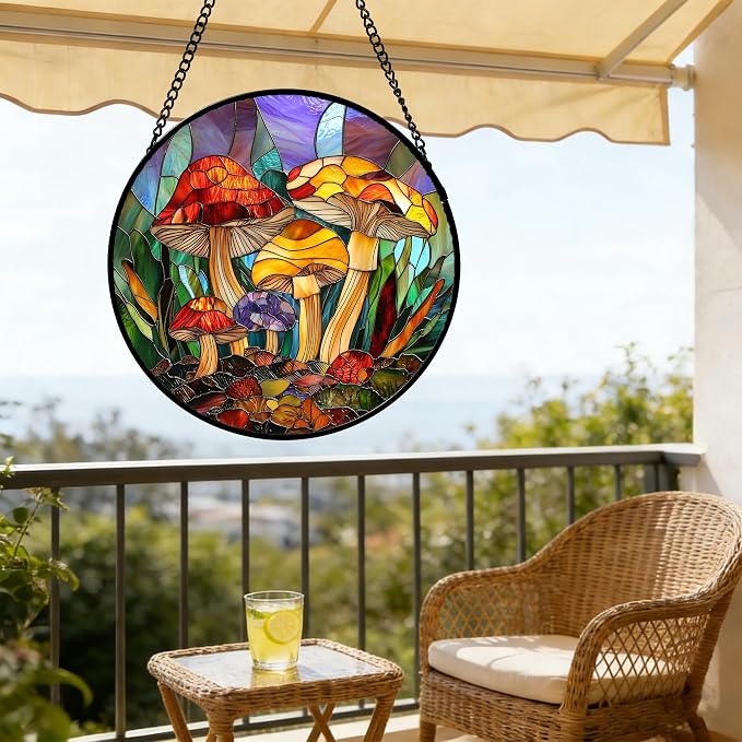 DASTOLL Stained Glass Window Hanging, Jungle Mushrooms Sun Catchers Diamond Glass Panel Hangings Plant Suncatcher Decor for Birthday for Women, Men, Wife, Aunt, and Mom 14.9x14.9 in