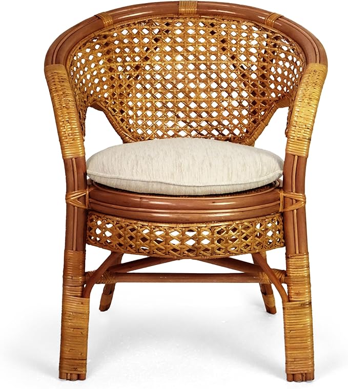 3 Pcs Pelangi Rattan Wicker Dining Set Round Table Glass Top and 2 Arm Chairs with Cream Cushion, Colonial Color